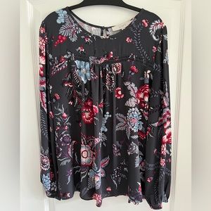 LOFT Gray & Multicolor Floral Print Long Sleeve Blouse